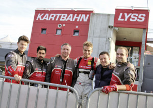 Nico Müller et ses mécanos au karting de Lyss